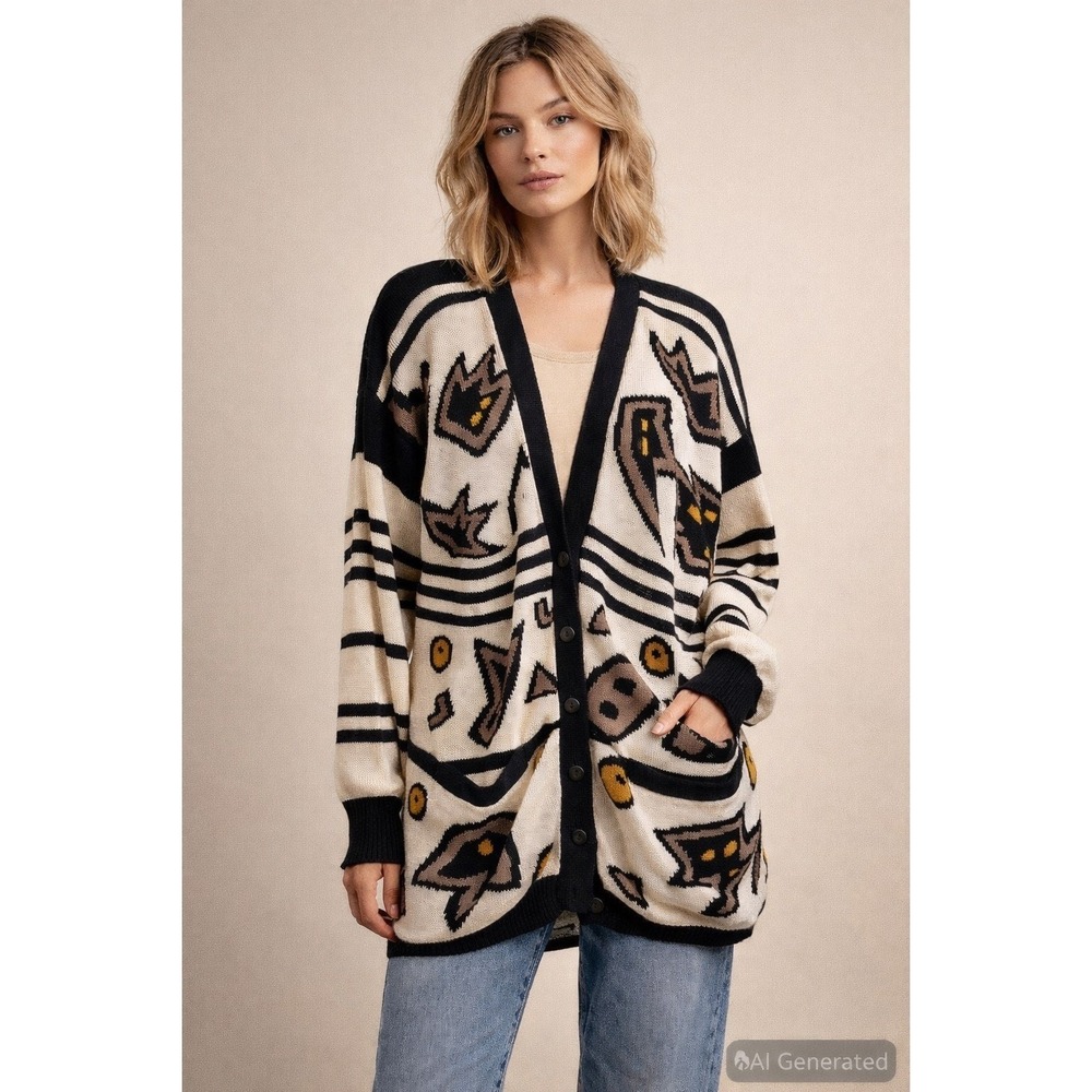 Joye & Fun Womens Cardigan 80's 90s Graphic Knit Novelty Med